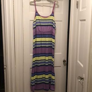Purple, blue, lime green/yellow striped maxi dress